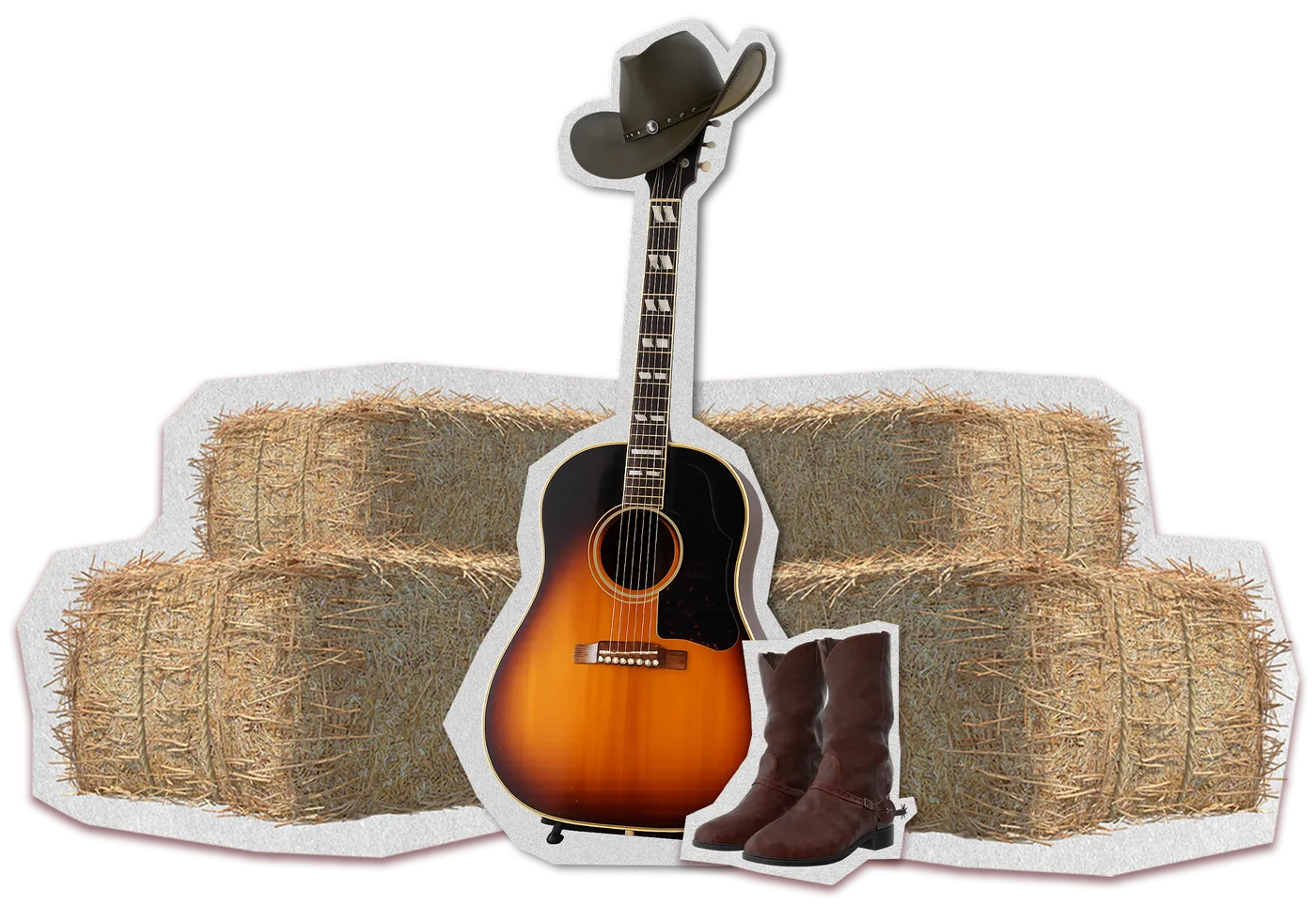 Cowboy hat, acoustic guitar, hay bales and cowboy boots